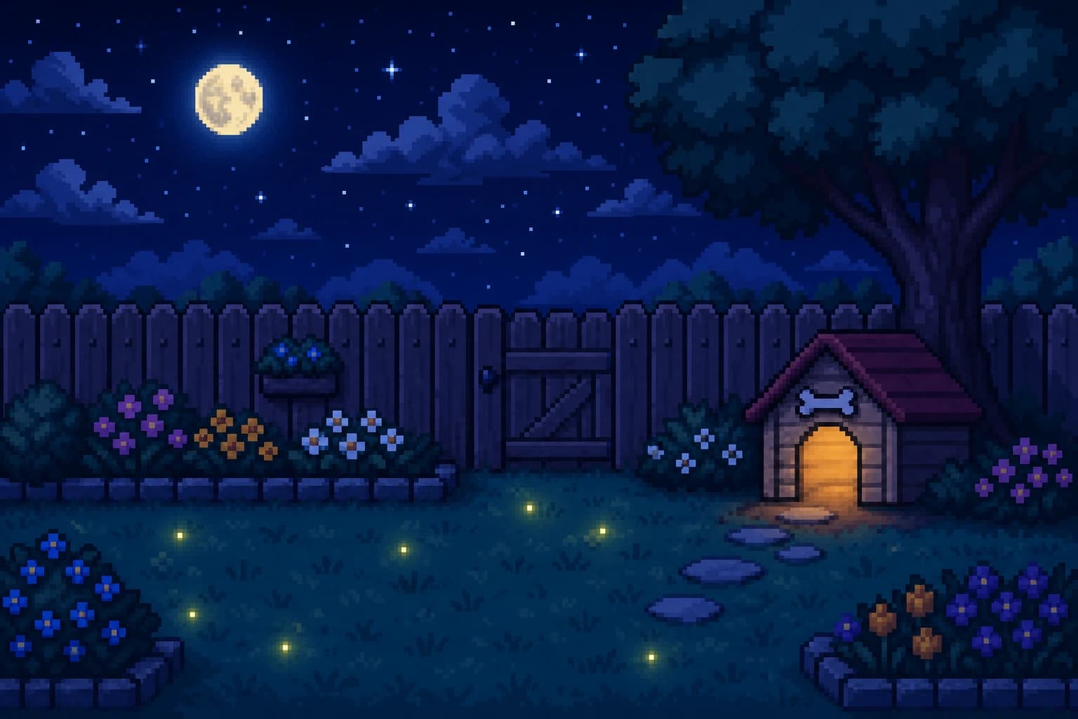 The garden at night, with a full moon, fireflies and a glowing dog house.