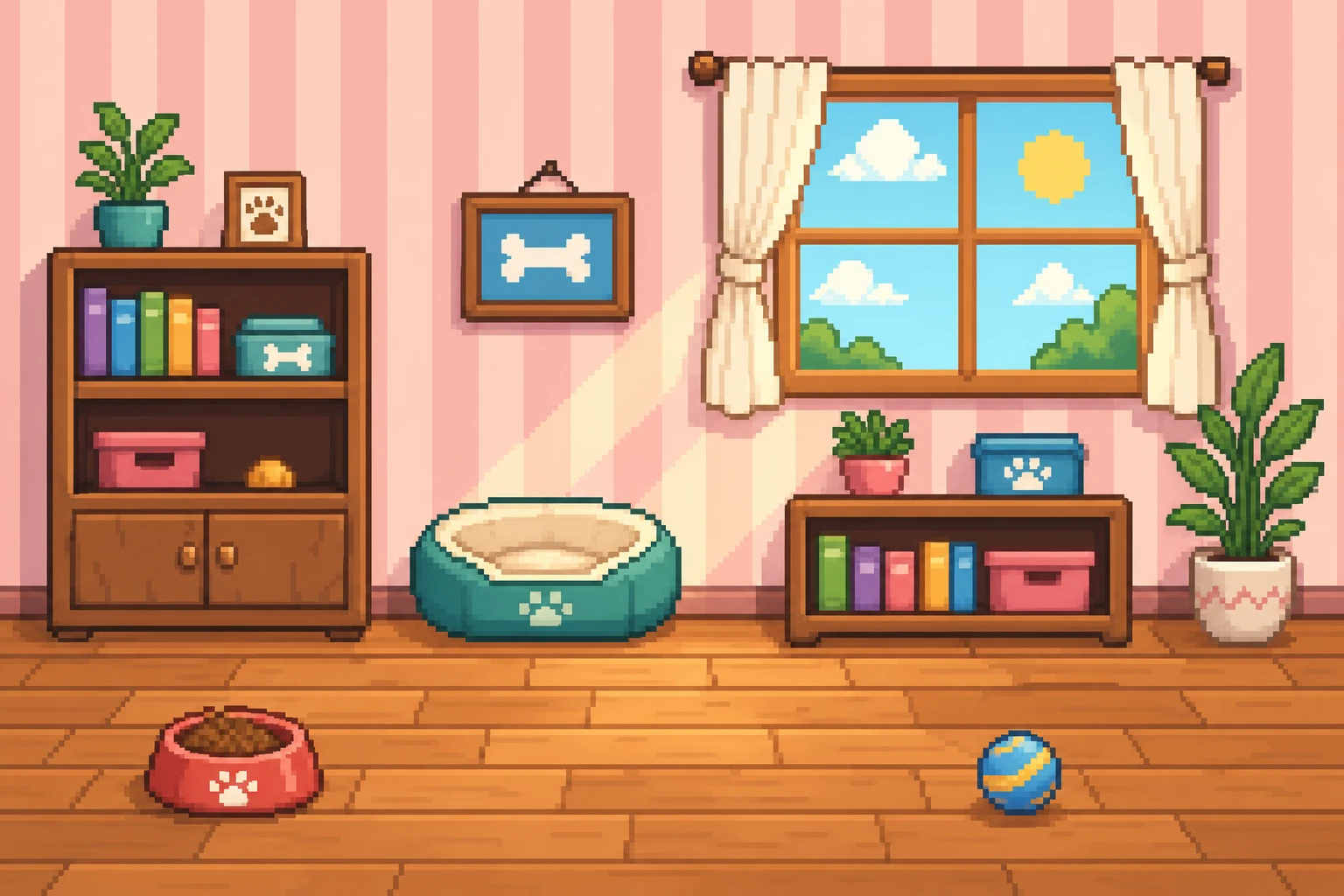 PetTalk room scene in daylight: a pixel-art living room with a pet bed, a food bowl and a ball on a wooden floor.